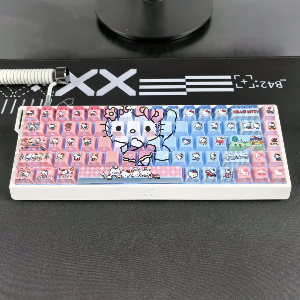 Full layout of Hello Kitty PBT keycap set ready for installation