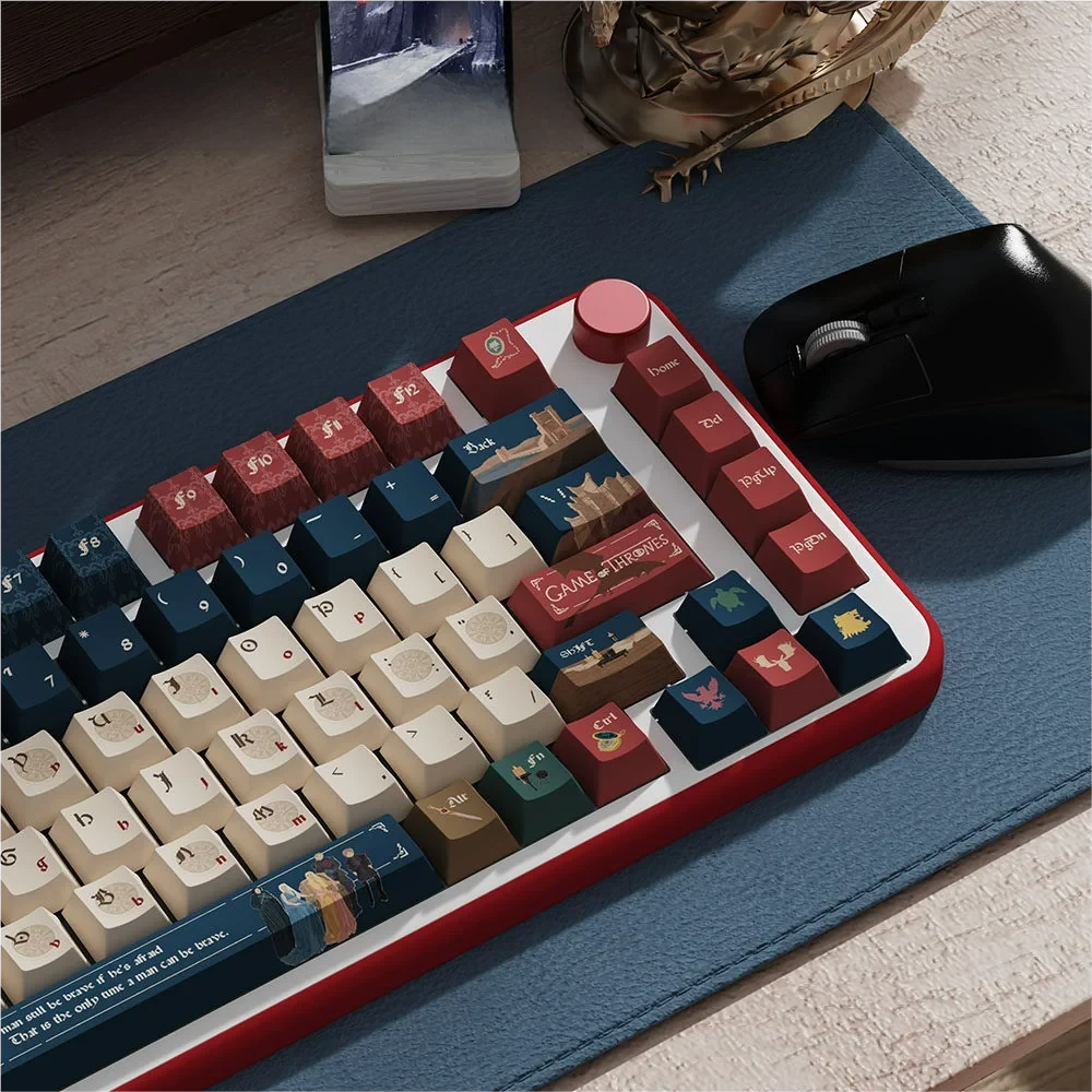 Close-up of Game of Thrones themed keycap legends and texture