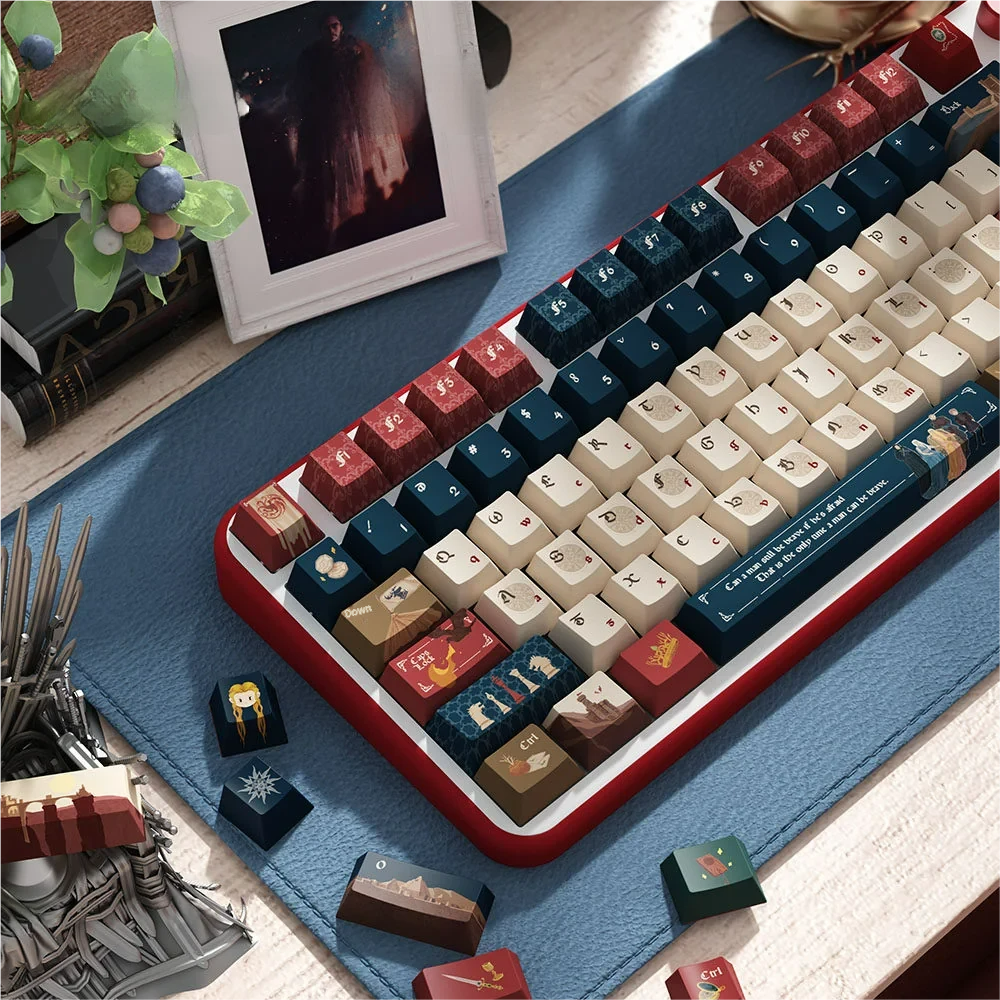 Game of Thrones keycaps installed on a mechanical keyboard in a dark setting