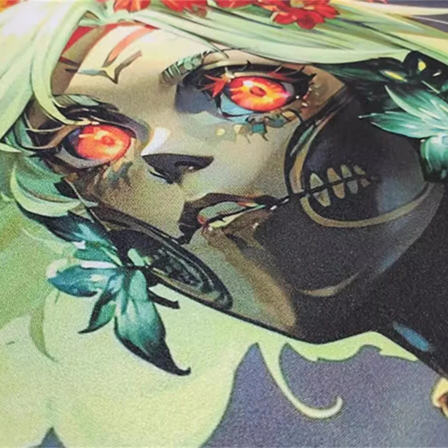 Gaming desk setup with large Muerta desk mat and keyboard