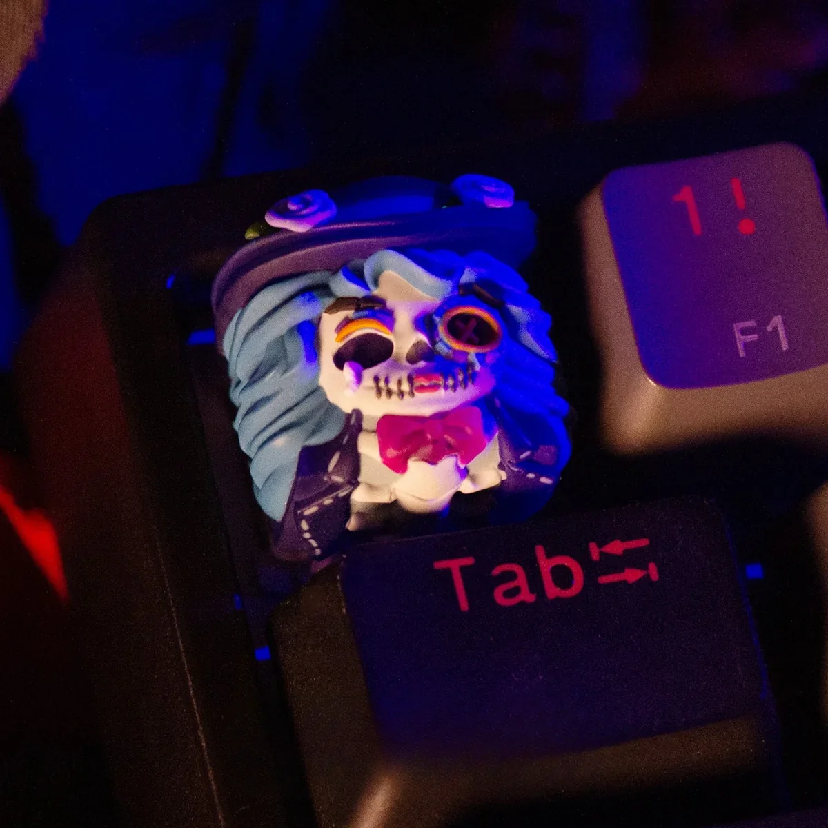 Lifestyle image of Zombie Bride & Groom Artisan Keycaps, adding unique character to a desk setup.
