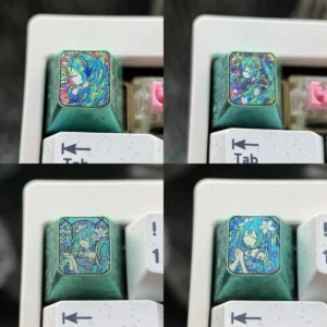 Hatsune Miku Titanium Artisan Keycap with broken glass effect on a mechanical keyboard
