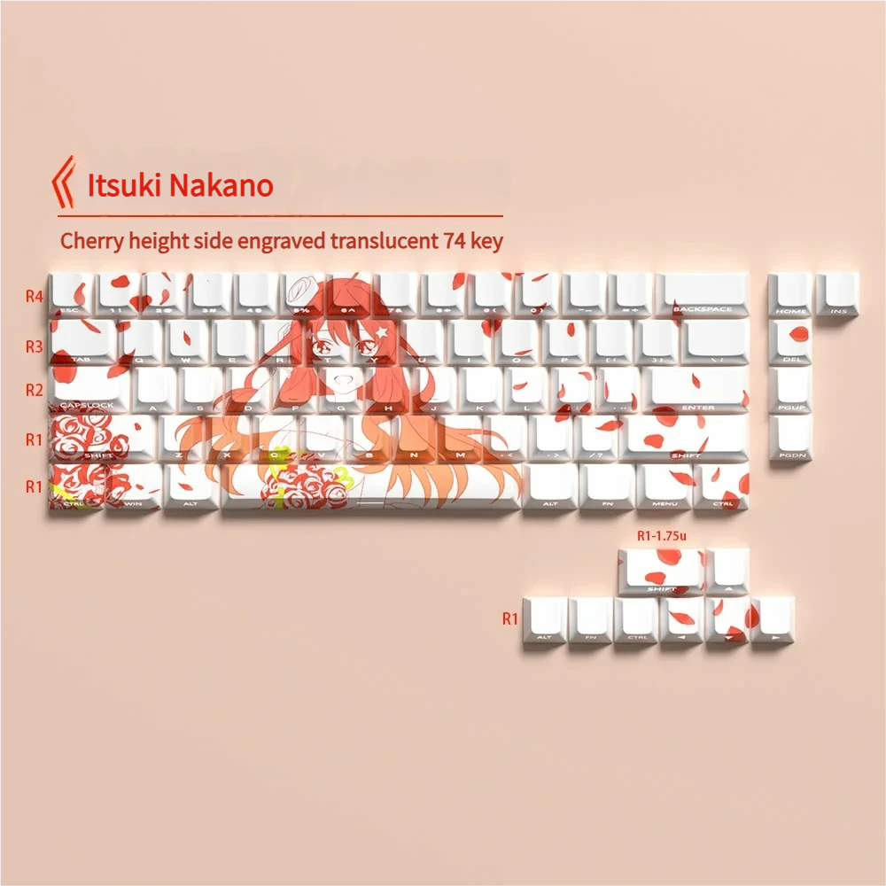 Lifestyle shot of a keyboard featuring the Itsuki Nakano keycap set in a gaming setup.