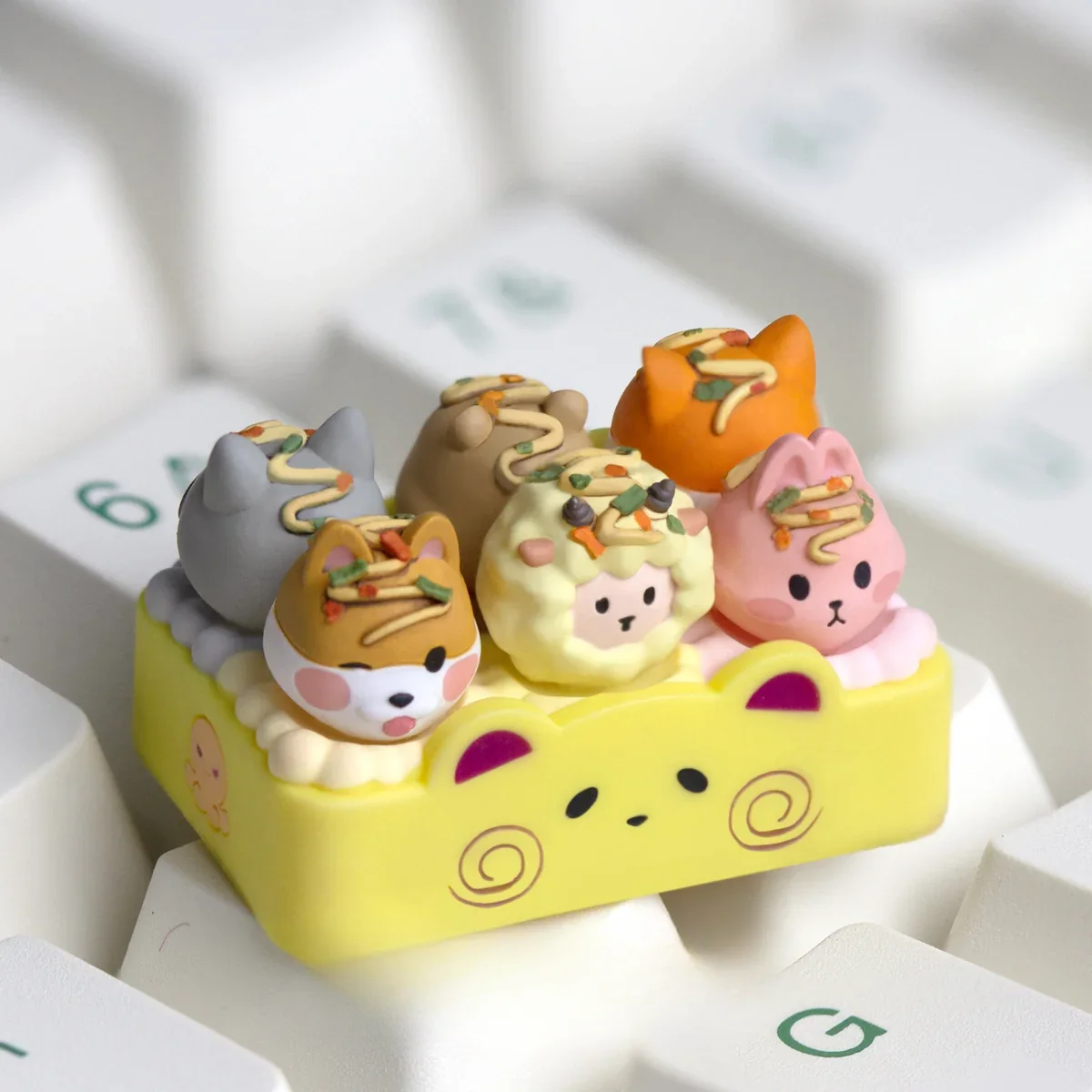 Collection of unique Japanese food-themed artisan keycaps including the Takoyaki design