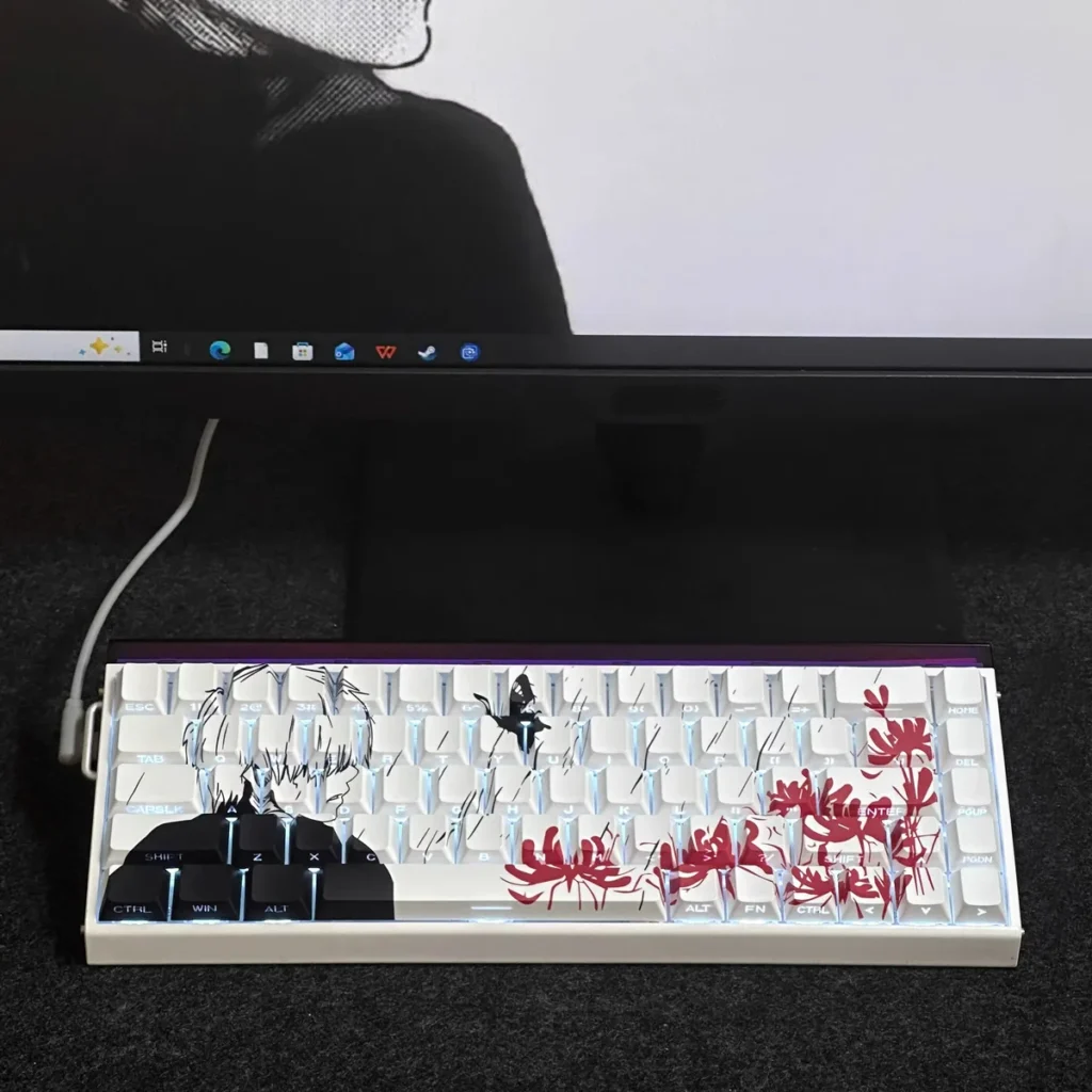 Ken Kaneki PBT Keycap Set on mechanical keyboard with side-lit legends glowing