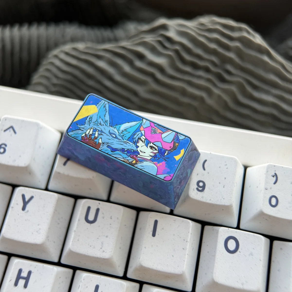 Close-up of CNC-machined Kiriko keycap with intricate details