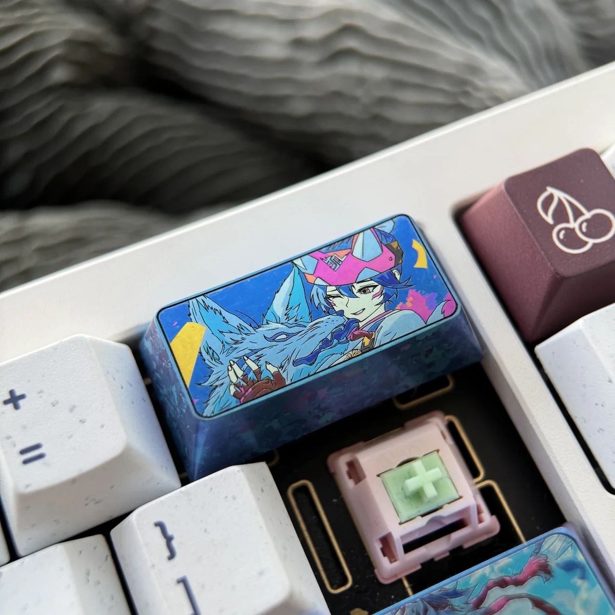 Ergonomic view of Kiriko titanium keycap on a mechanical keyboard