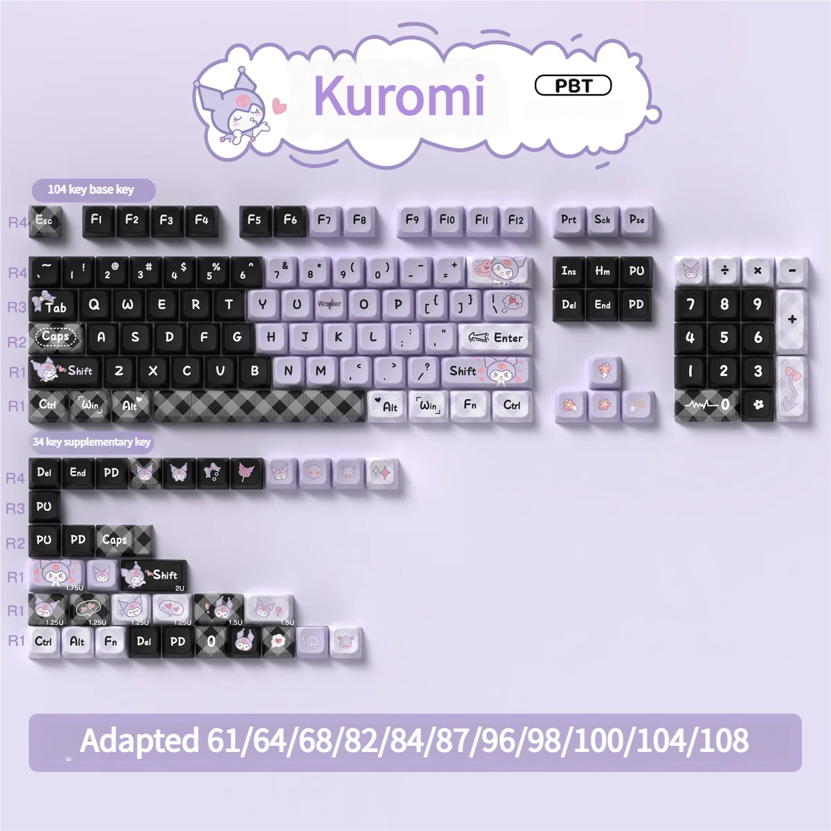 Kuromi Keycap Set installed on a pink mechanical keyboard, demonstrating aesthetic appeal