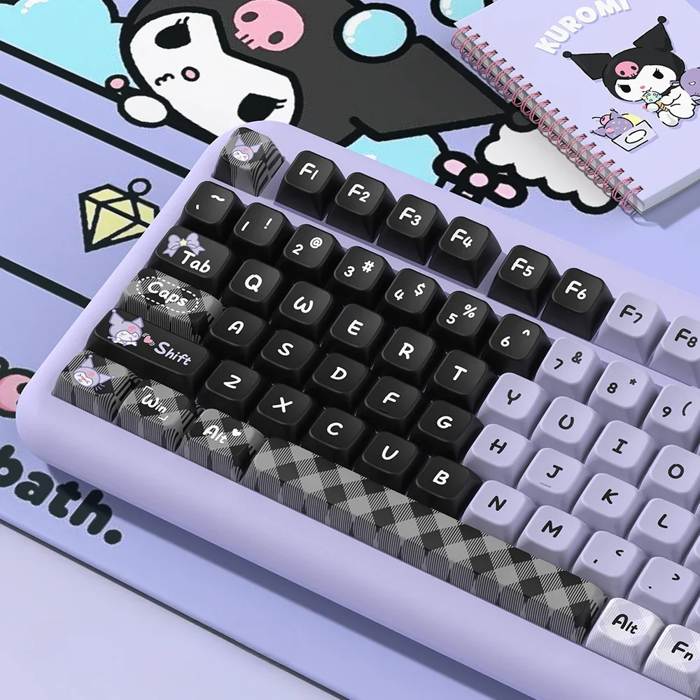 Close-up of Kuromi themed PBT keycaps, highlighting dye-sublimated legends and vibrant colors