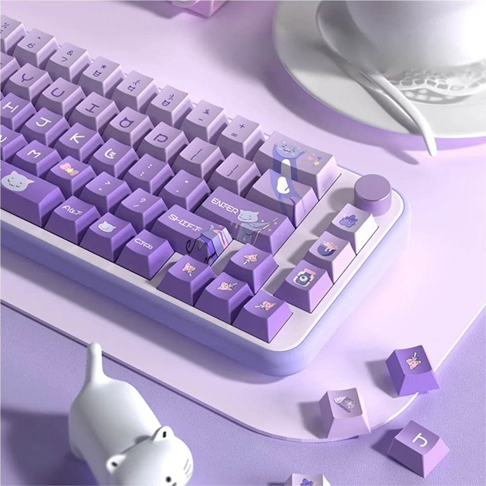 Mechanical keyboard customized with the complete Meow Castle Taro Purple PBT Keycap Set.