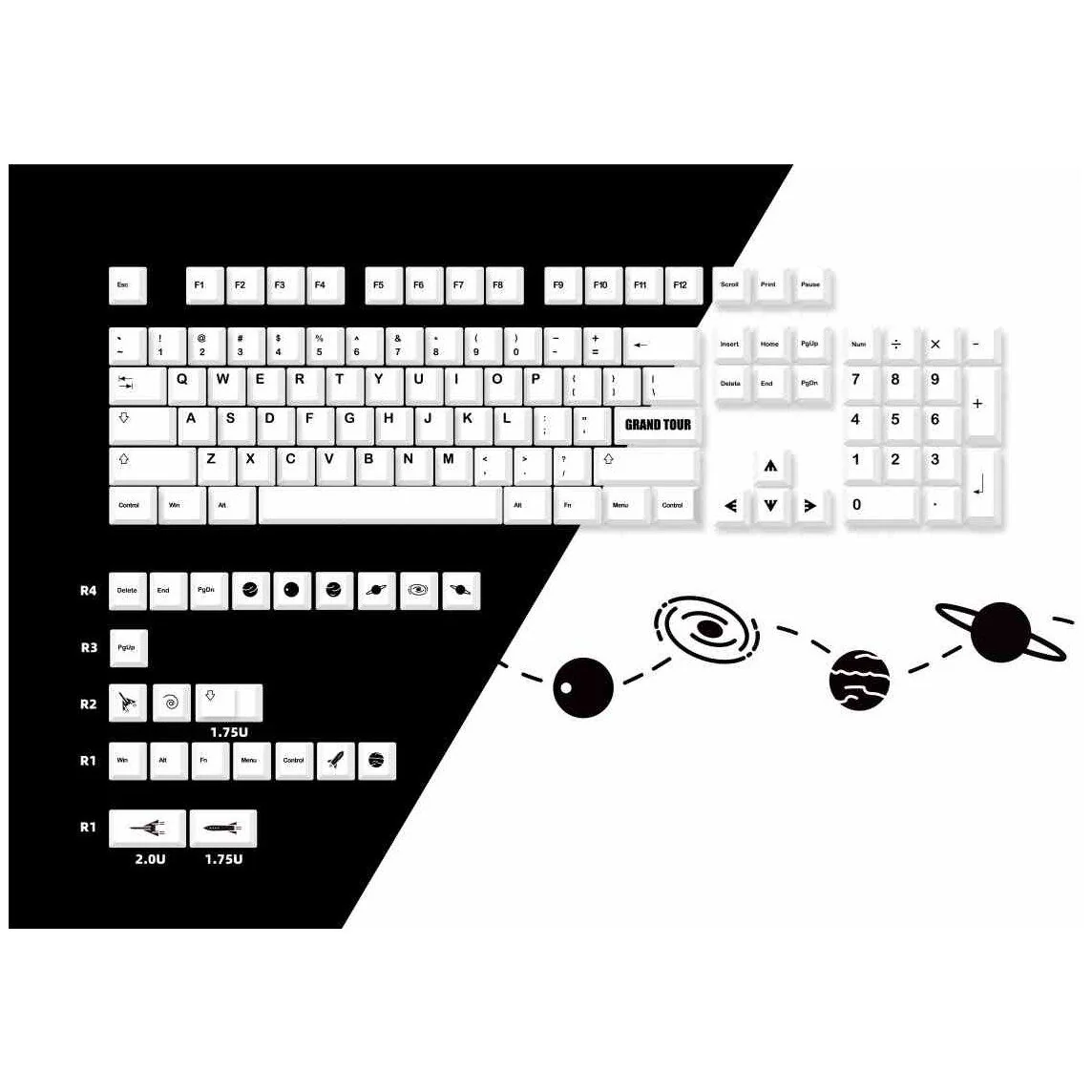 Side profile view of Cherry profile Monochromatic Cosmic keycaps