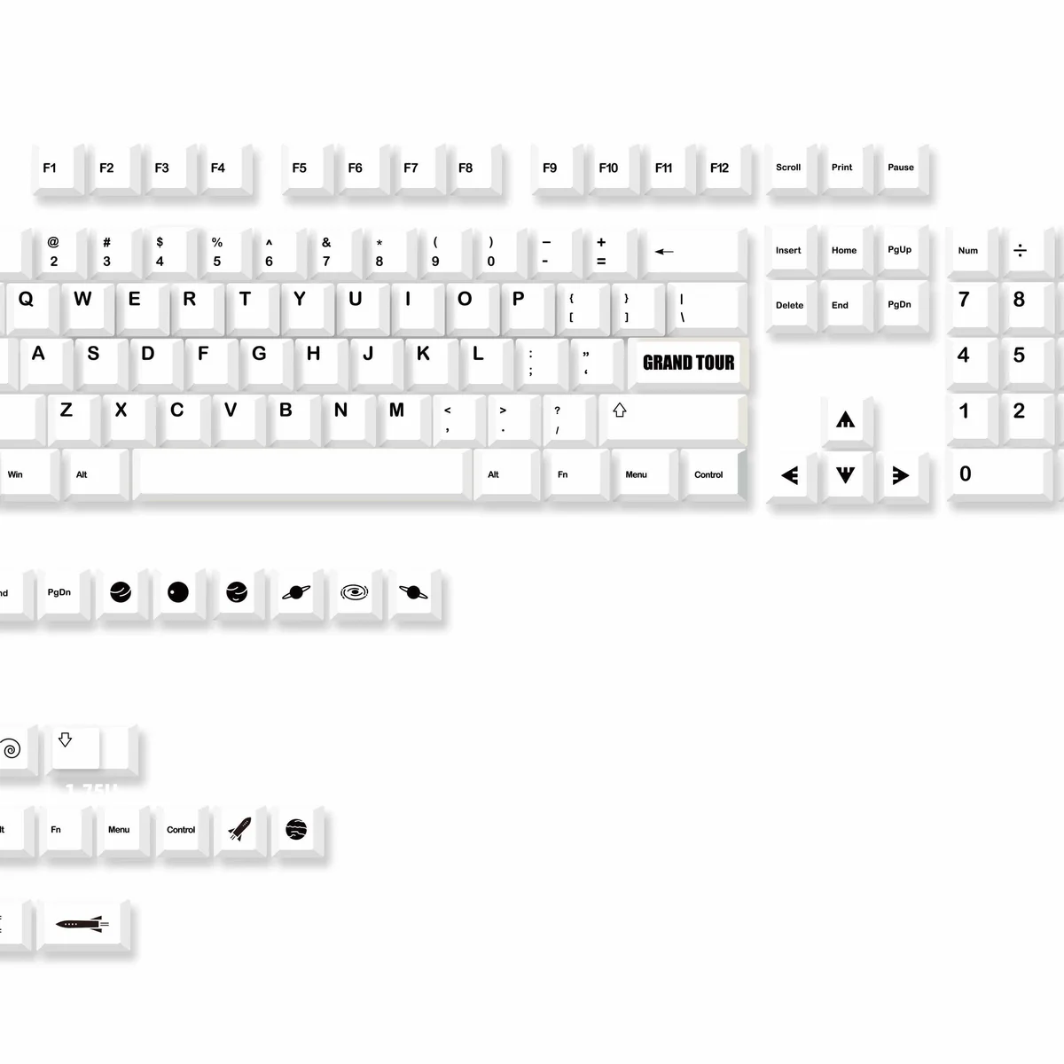 Close-up of dye-sublimated cosmic legends on PBT keycaps