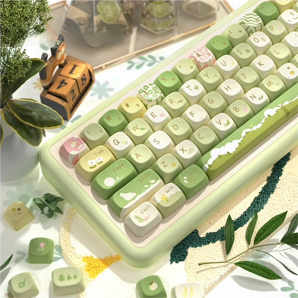 Overhead view of Mountain Stream keycaps showcasing MCA profile and serene landscape art