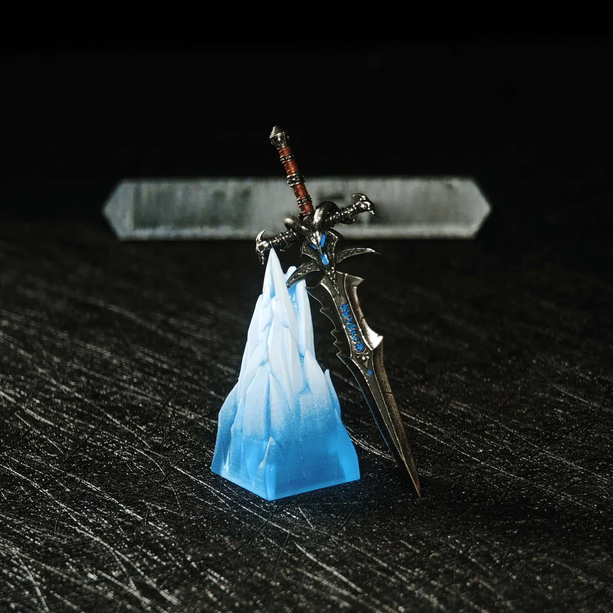 Frostmourne keycap mounted on an MX-style switch, demonstrating perfect fit