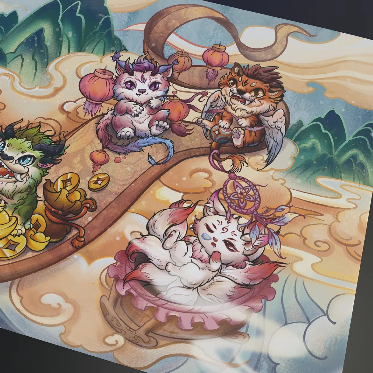 Close-up of Mythical Monster Scroll Desk Exquisite mythical highlighting handcrafted details and finish