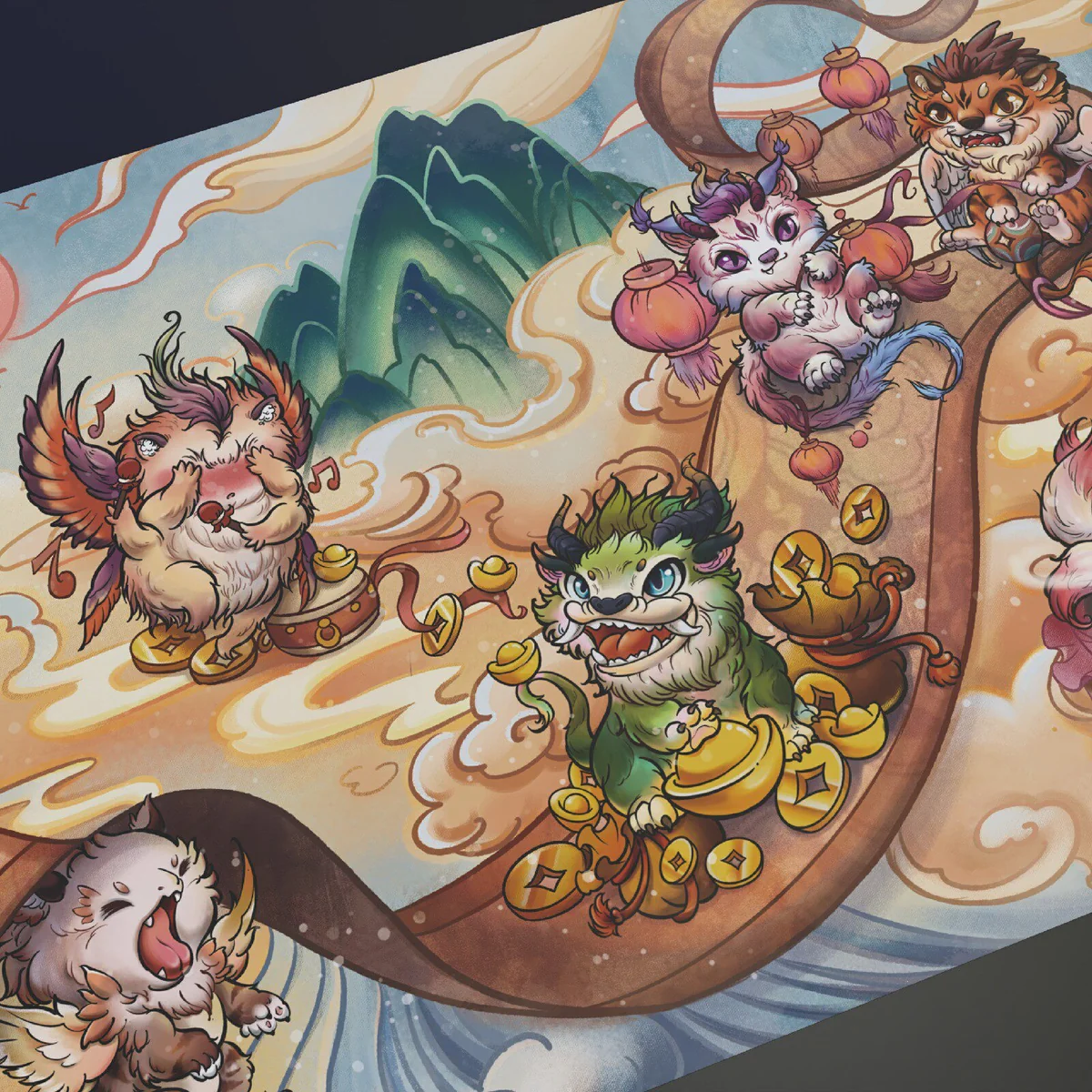 Mythical Monster Scroll Desk Exquisite mythical installed on a mechanical keyboard setup