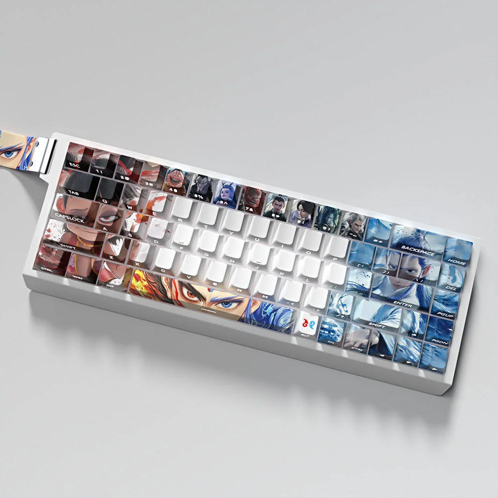 Overhead view of the full Nezha mythical keycap set layout, highlighting PBT texture