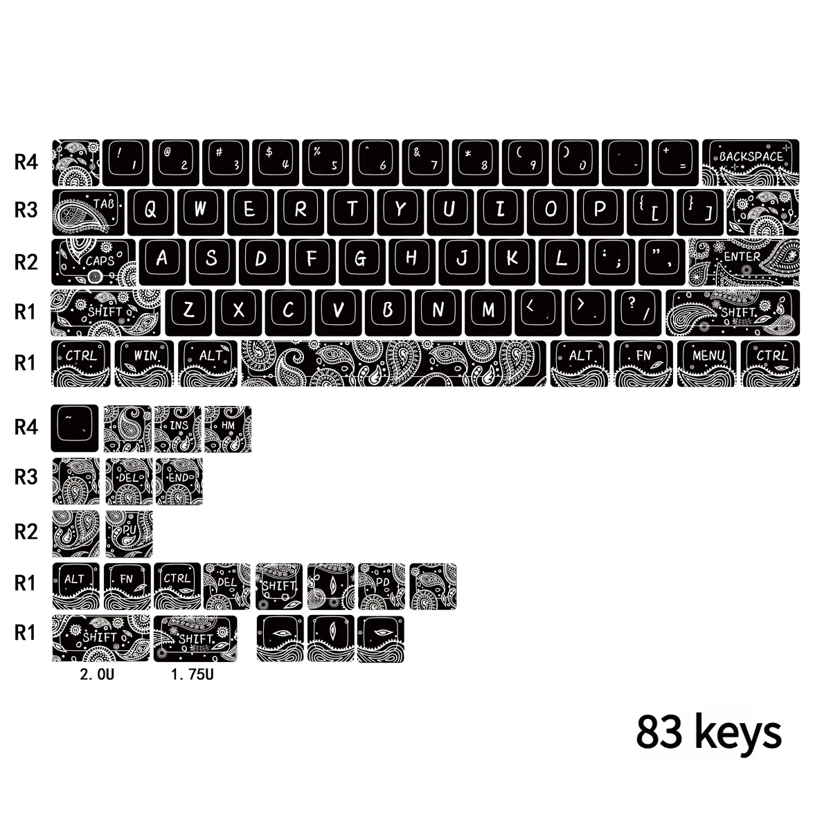 Comparison of white and black Paisley Keycap Set options, highlighting color variations.