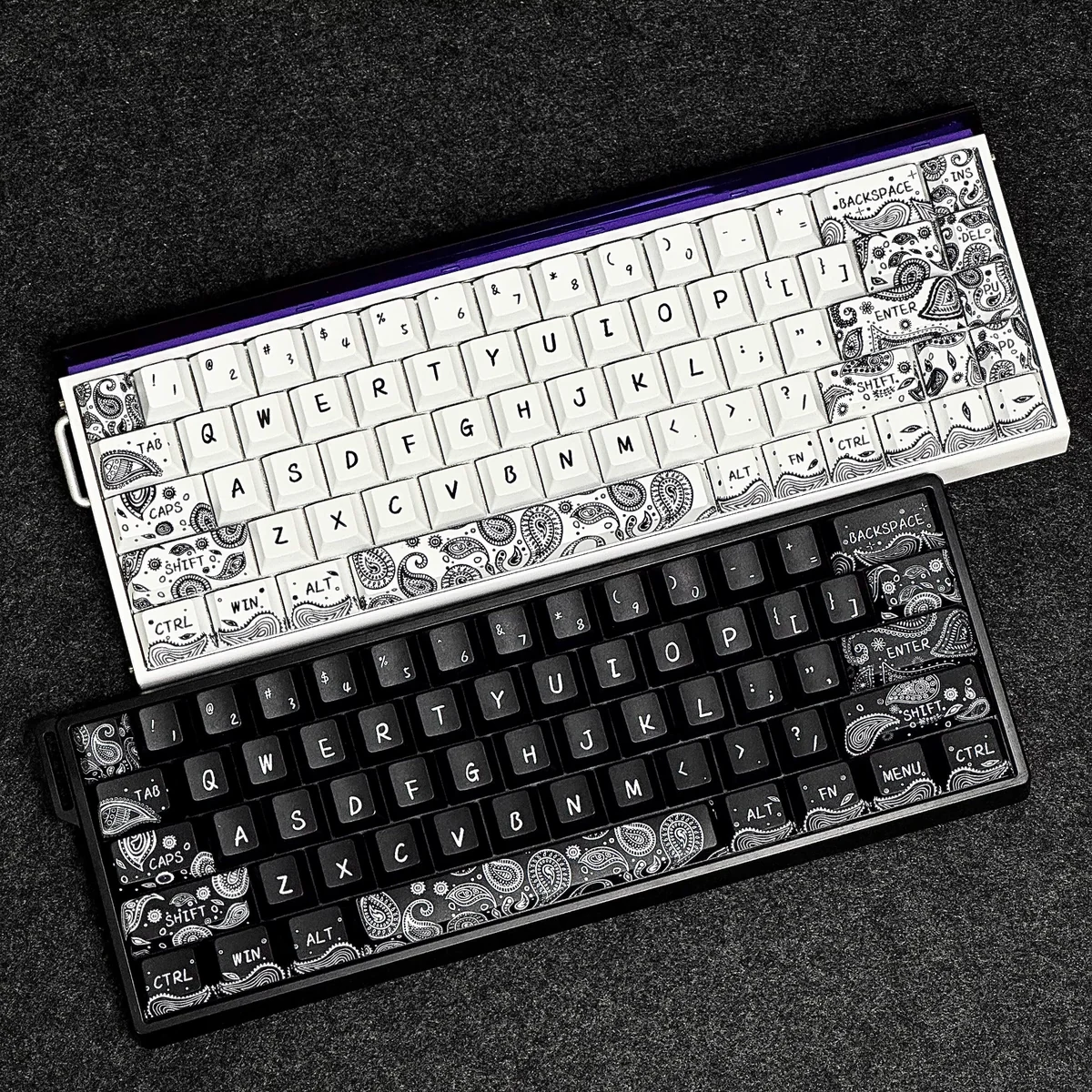 Paisley PBT Dye-Sub Keycap Set on a mechanical keyboard, showcasing intricate bohemian patterns and Cherry profile.