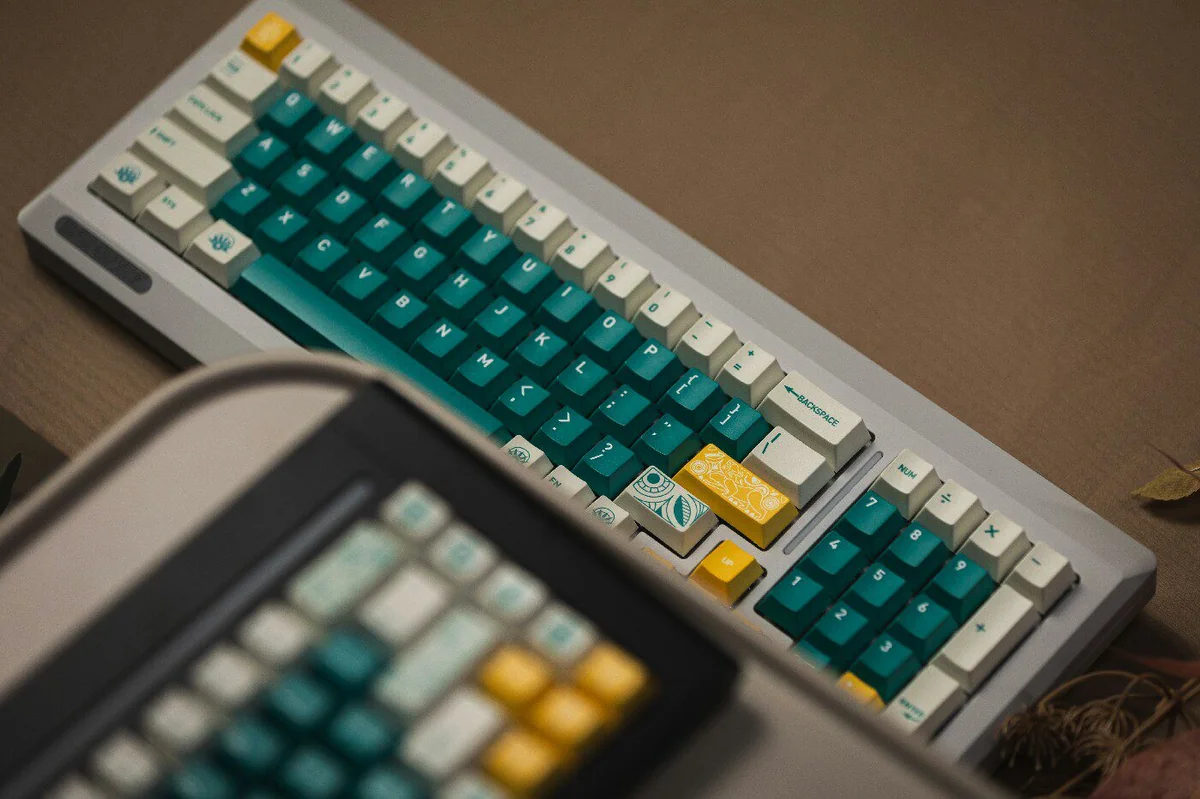 Macro shot of PBT keycap texture with rainforest design