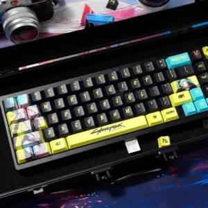 Rebecca Cyberpunk Keycap Set on a mechanical keyboard with glowing side-lit legends