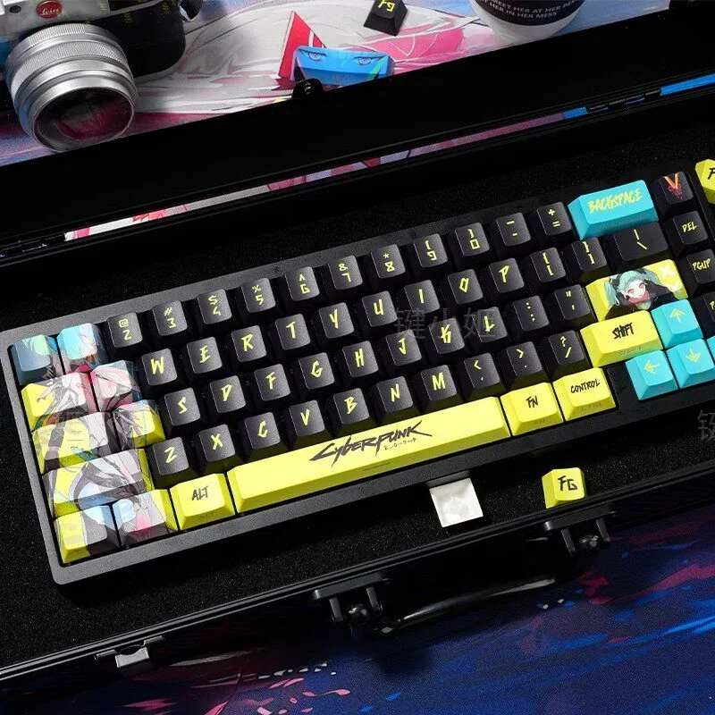 Rebecca Cyberpunk Keycap Set on a mechanical keyboard with glowing side-lit legends