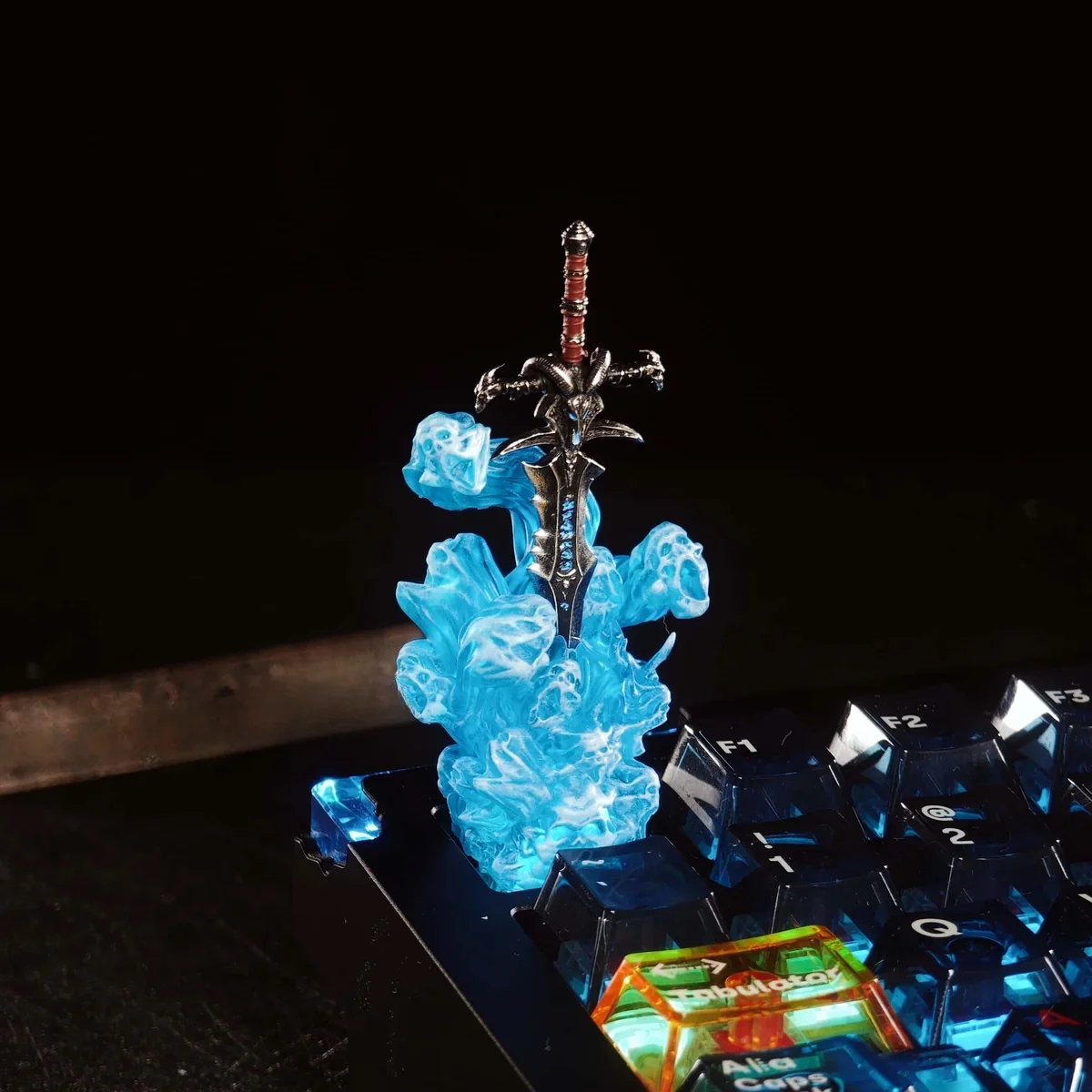Side view of the resin Frostmourne keycap highlighting its Cherry profile compatibility