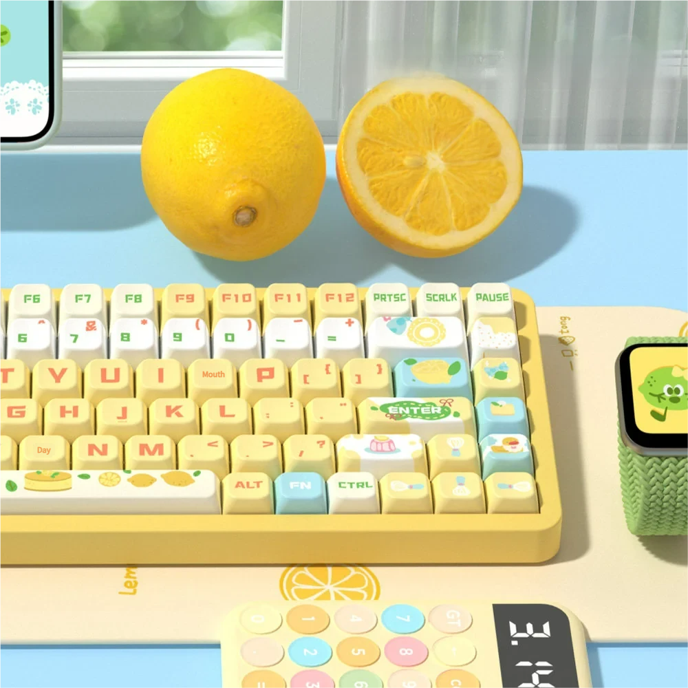 Detail of dye-sublimated legends on Sea Salt Lemon Cheese keycaps, crisp and clear