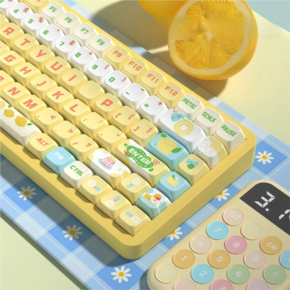 Side profile of ergonomic Sea Salt Lemon Cheese keycaps showing sculpted shape