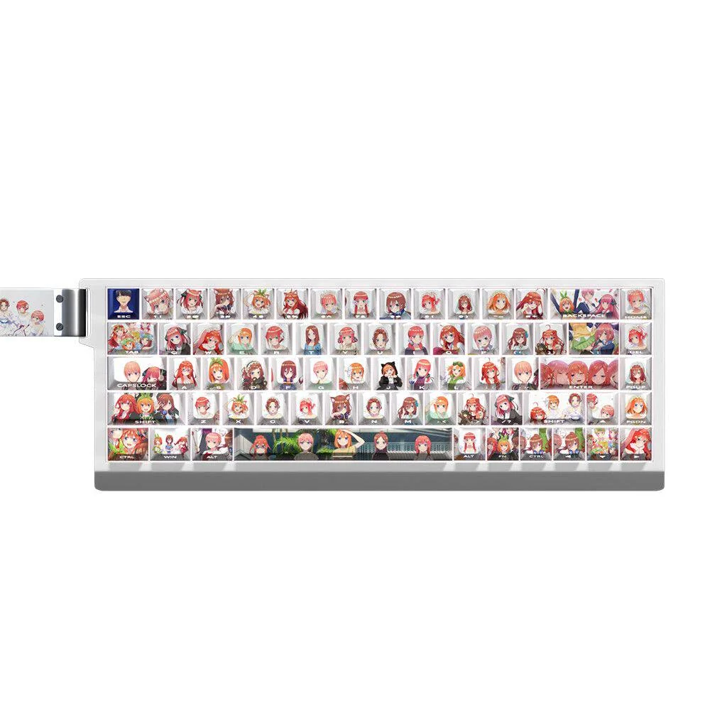 Mechanical keyboard illuminated with RGB lighting, highlighting the dynamic side-lit legends of The Quintessential Quintuplets keycaps.