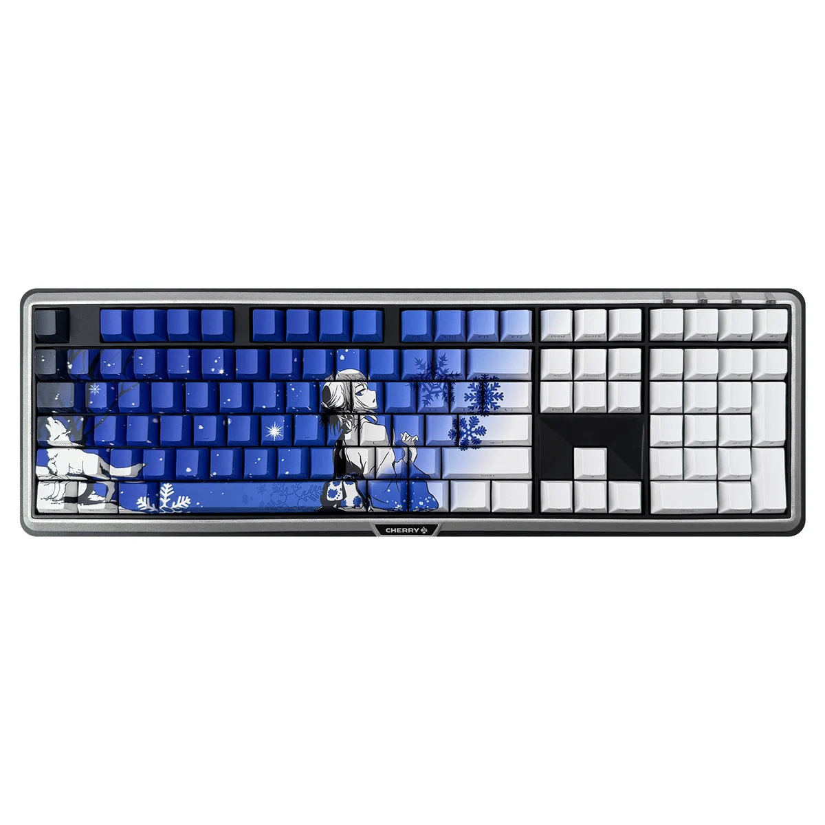 Detail shot of Snow Wolf keycaps mounted on MX-style switches, showing the secure fit and Cherry profile ergonomics.