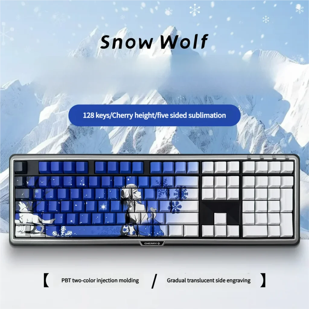 Snow Wolf PBT Backlit Keycap Set on a mechanical keyboard, showcasing side-engraved legends and cool-toned aesthetic.