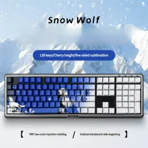 Snow Wolf PBT Backlit Keycap Set on a mechanical keyboard, showcasing side-engraved legends and cool-toned aesthetic.
