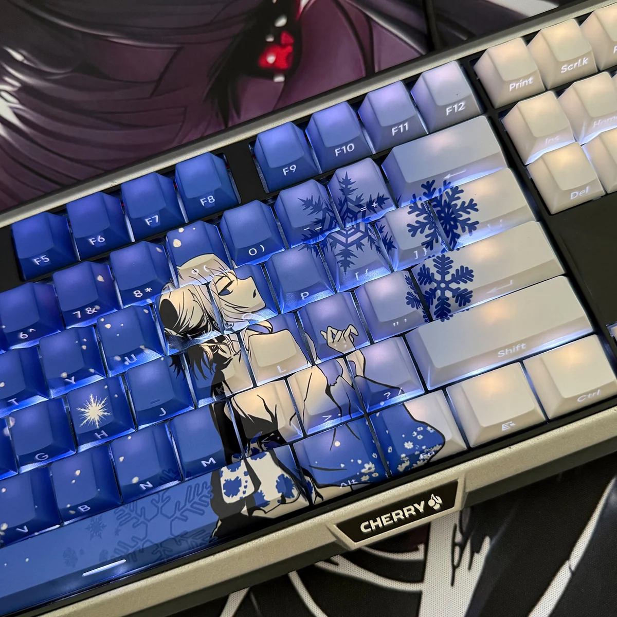 Mechanical keyboard illuminated with Snow Wolf keycaps, emphasizing the ethereal glow of side-lit legends.