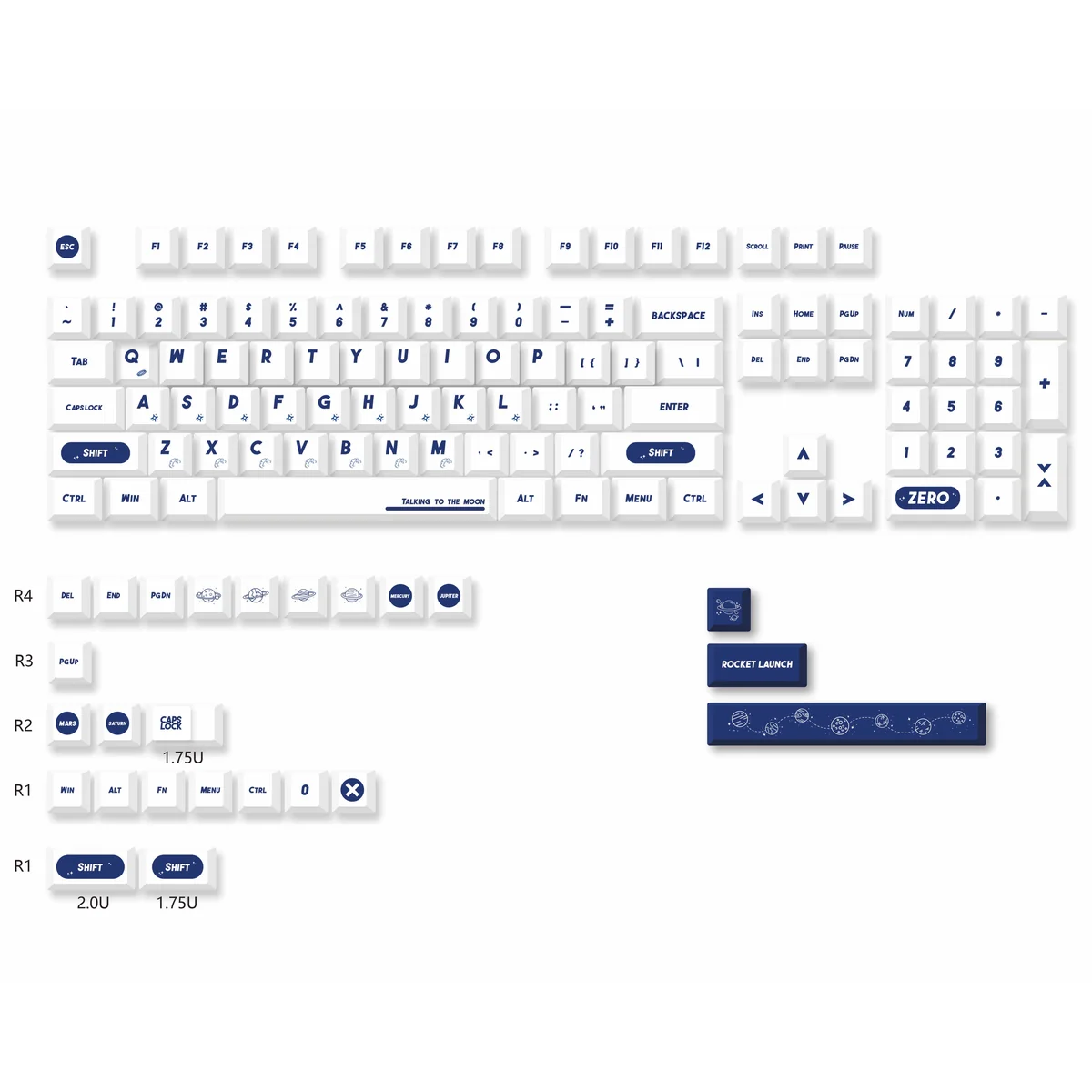 Detail of space-themed legends and crisp graphics on durable PBT keycaps.