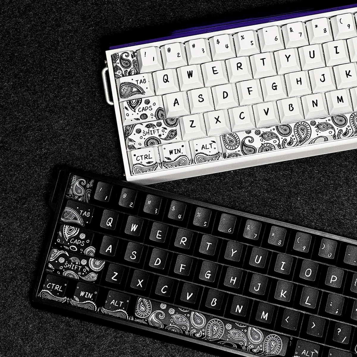 Close-up of a white Paisley Keycap Set, highlighting the detailed dye-sublimated designs and PBT texture.