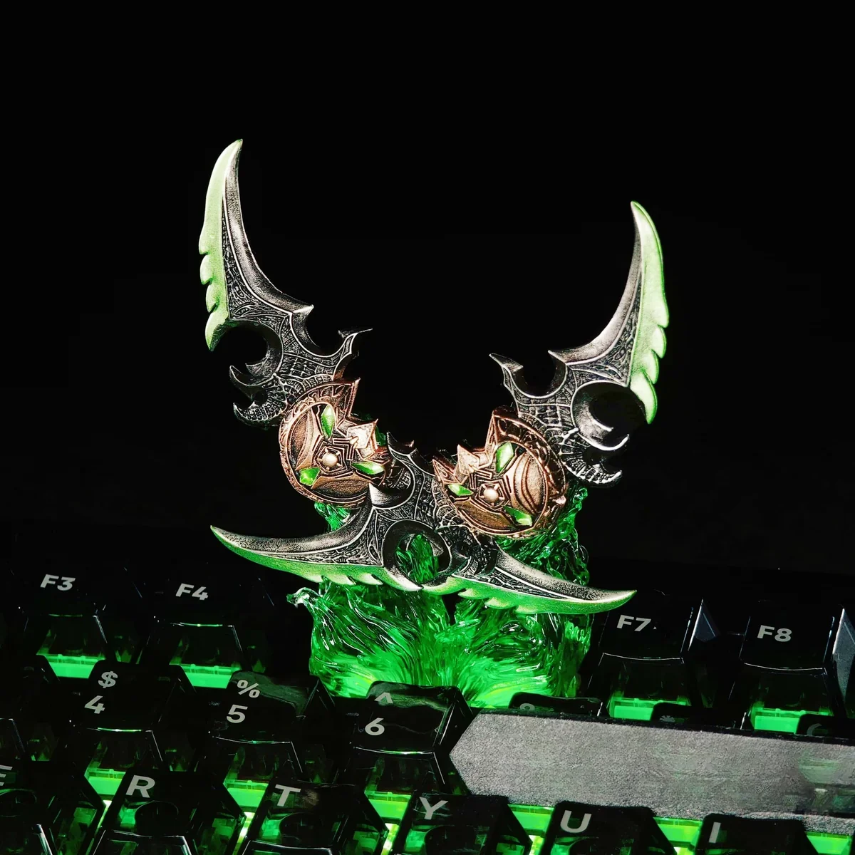 Lifestyle image of the Warglaives Keycap Set integrated into a dark fantasy gaming setup
