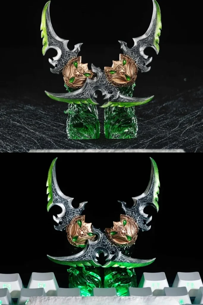 World of Warcraft Warglaives Keycap Set on a gaming keyboard with RGB lighting
