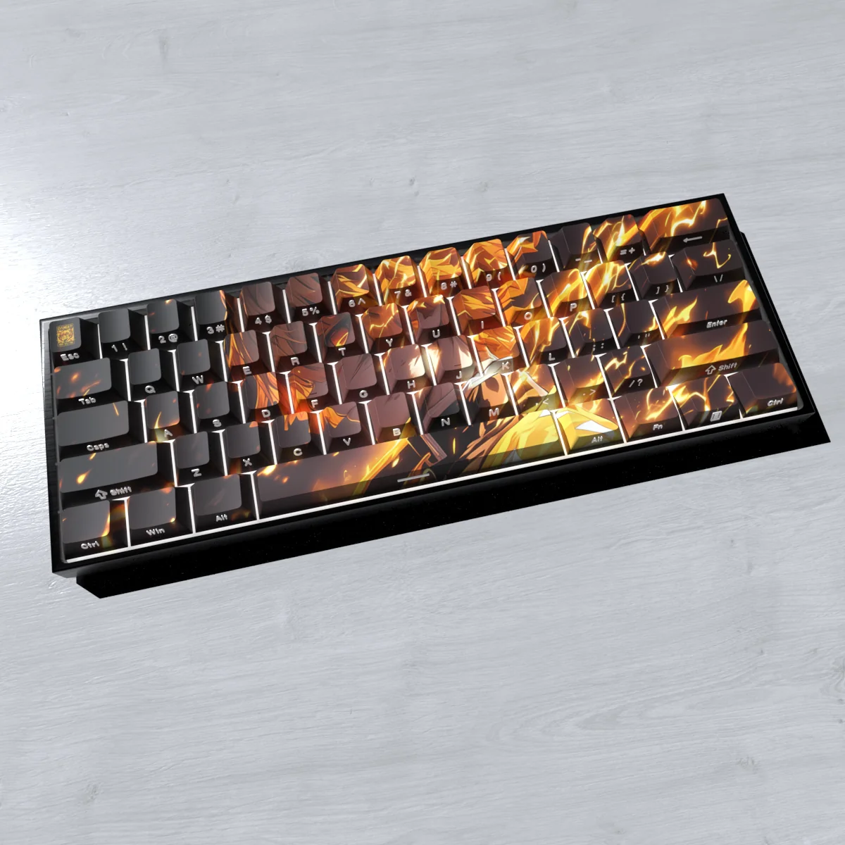 Close-up of Zenitsu Agatsuma dye-sublimated keycaps showcasing thunder aesthetic and vibrant colors.