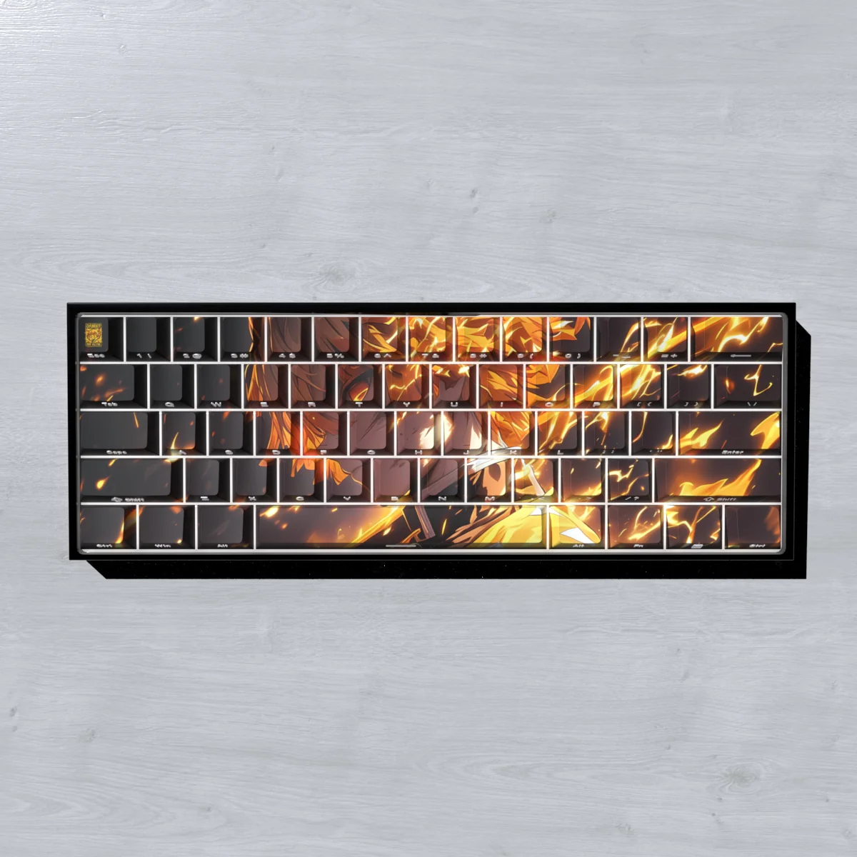 Zenitsu Agatsuma PBT Keycap Set with shine-through legends, glowing on a mechanical keyboard.