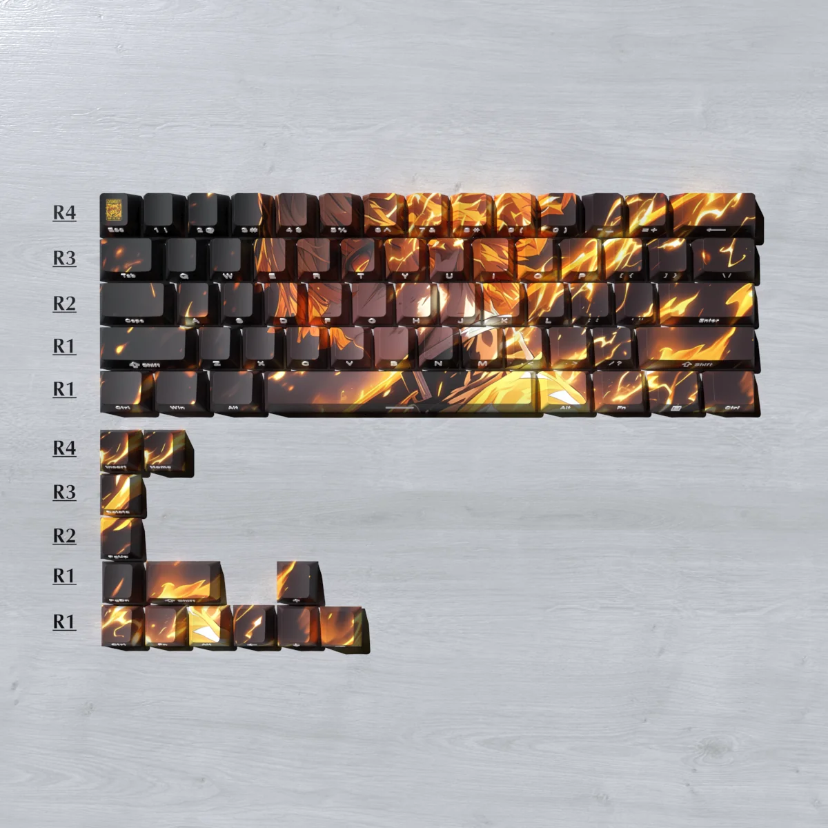 Overhead view of the complete Zenitsu Agatsuma PBT keycap set, displaying all included keys.