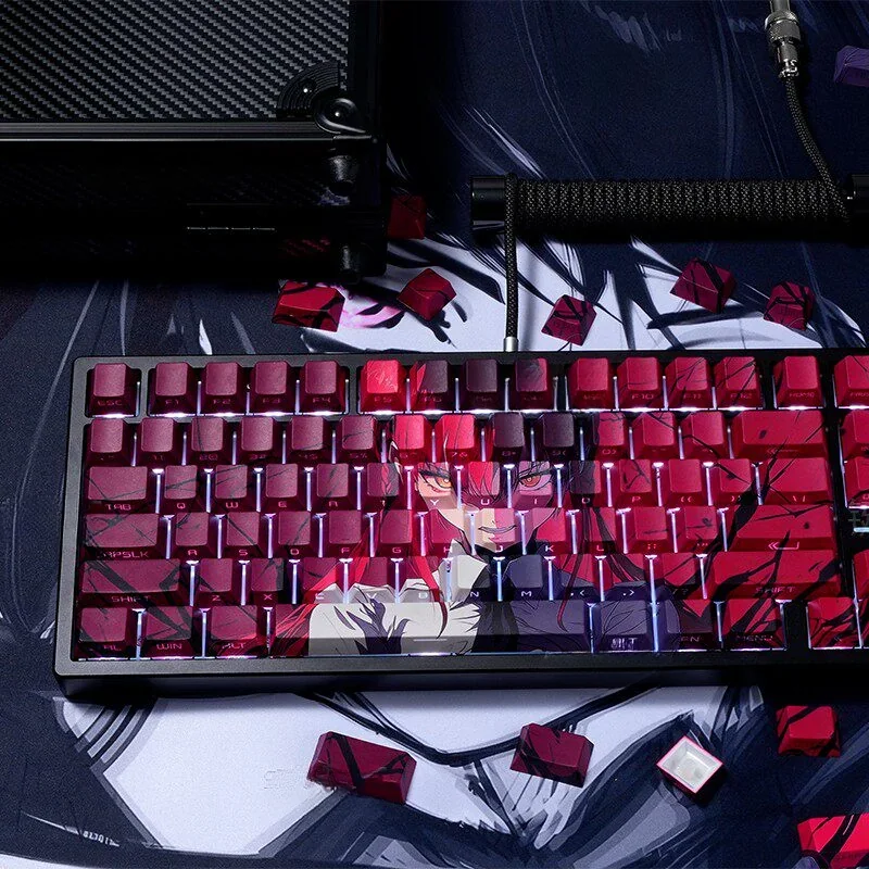 Zero Two Keycap Set featuring vibrant pink and red anime design on a mechanical keyboard.