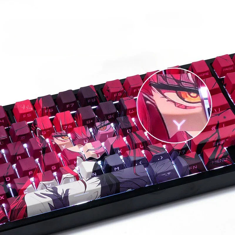 Close-up of PBT dye-sublimated Zero Two keycaps showcasing intricate details and fade-resistant legends.
