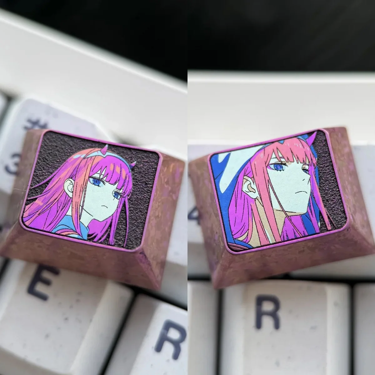 Zero Two Titanium Artisan Keycap on mechanical keyboard
