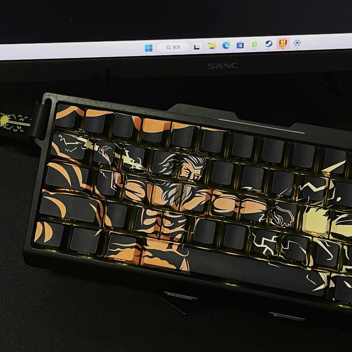 Close-up of Zeus PBT keycaps highlighting the side-engraved legends and Cherry profile.