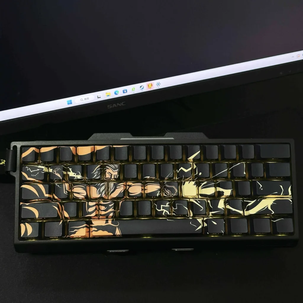 Zeus PBT Side-Engraved Keycap Set on a dark mechanical keyboard, showcasing subtle backlighting.