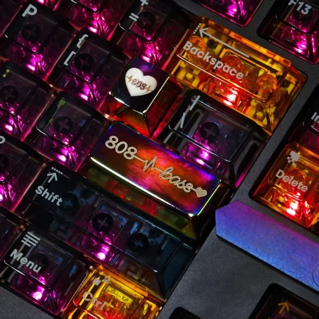 Side profile of 808 Bass Heartbeat Series Vibrant metal 808 bass showing artisan keycap shape and fit