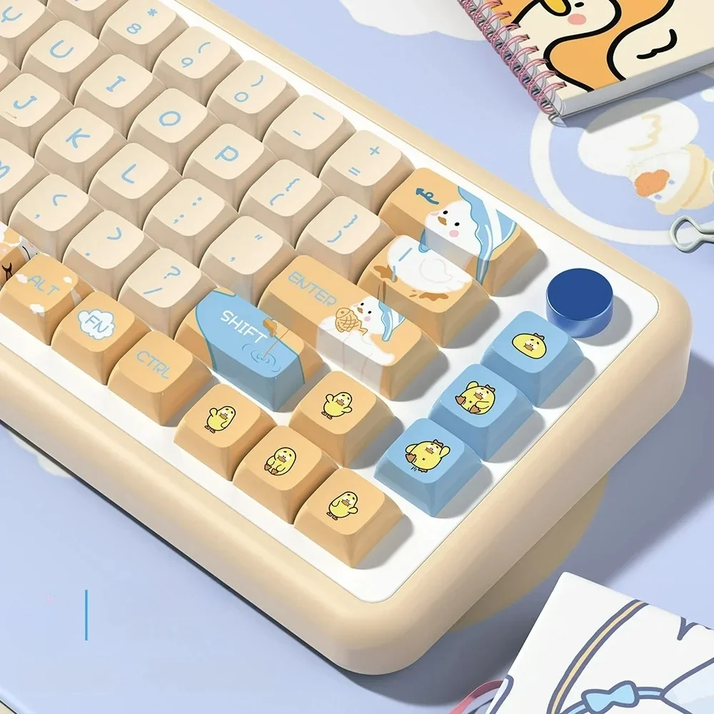 Close-up of an Adorable Duck PBT keycap, highlighting the vibrant dye-sublimated illustration.