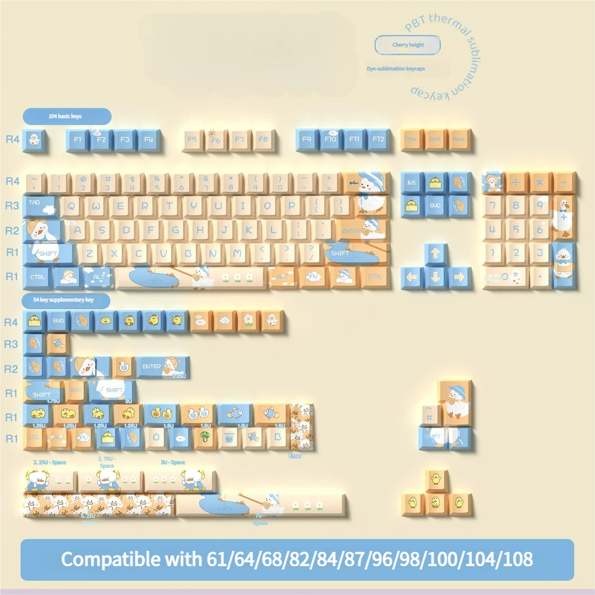 Lifestyle shot of a desk setup featuring the Adorable Duck PBT Keycap Set, adding charm to a workspace.