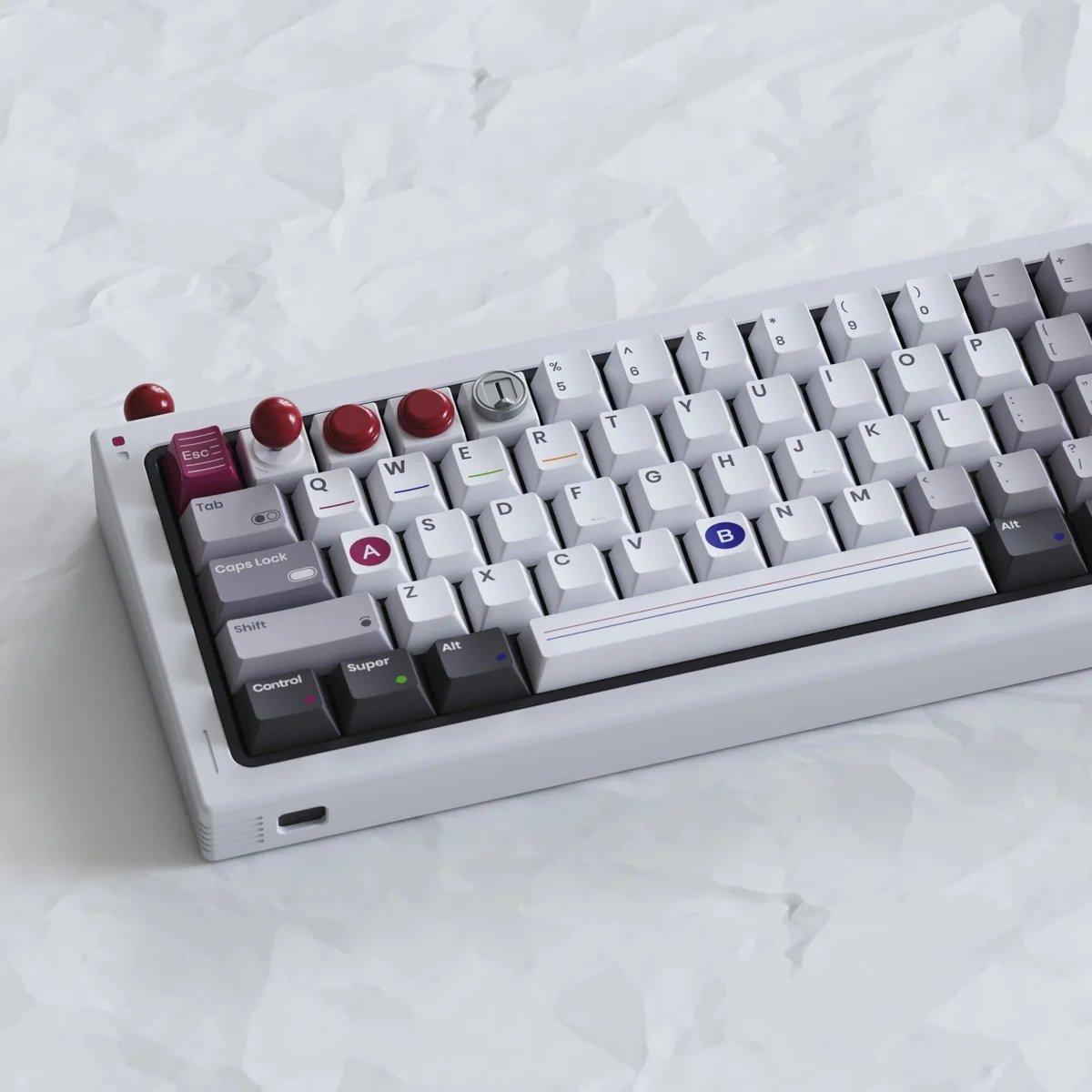 Close-up of aluminum arcade joystick keycap on a keyboard